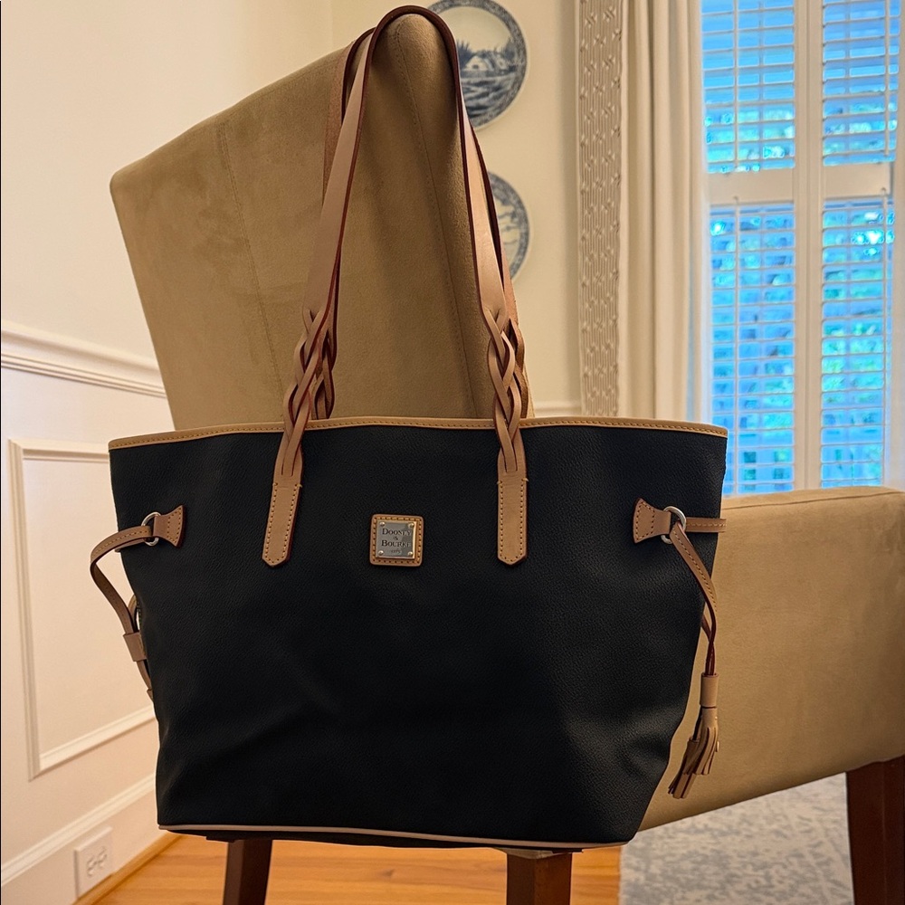 Dooney & Bourke Black Tote with Tan Trim and Braided Straps